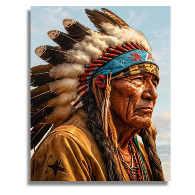 A vertical wall art print showing a close-up portrait of an Indigenous man wearing a large feathered headdress and tan jacket against a pale blue sky. The artwork is presented as a mockup with a white border and drop shadow. Native American Chief Canvas - Paint by numbers