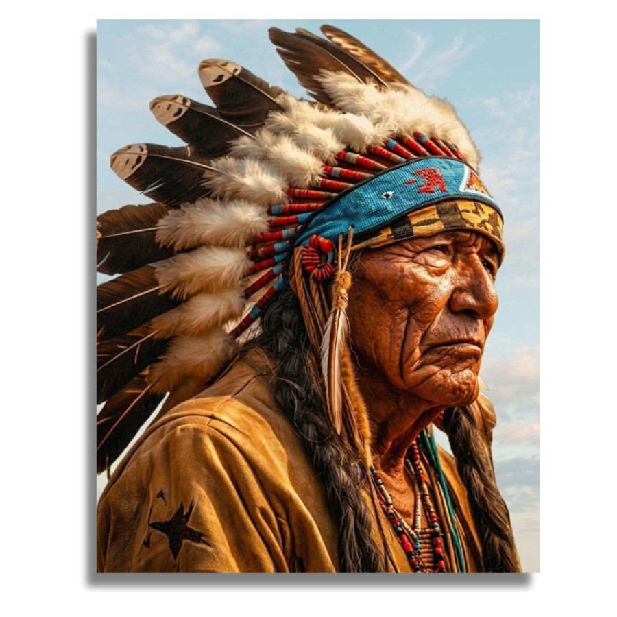 A vertical wall art print showing a close-up portrait of an Indigenous man wearing a large feathered headdress and tan jacket against a pale blue sky. The artwork is presented as a mockup with a white border and drop shadow. Native American Chief Canvas - Paint by numbers