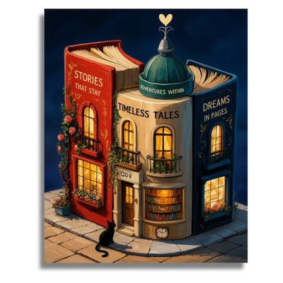 Illustration of a book-themed building with bookshelves and windows, resembling a house, under a night sky. Night Book Houses - Paint by numbers