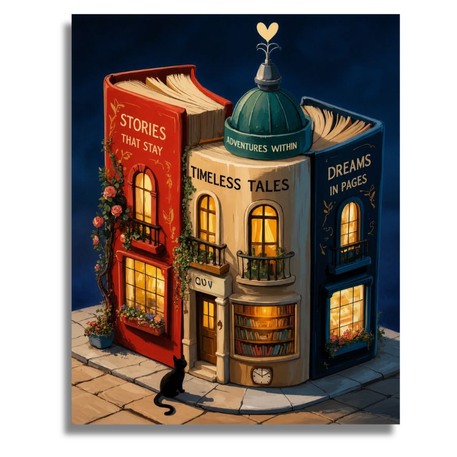 Illustration of a book-themed building with bookshelves and windows, resembling a house, under a night sky. Night Book Houses - Paint by numbers