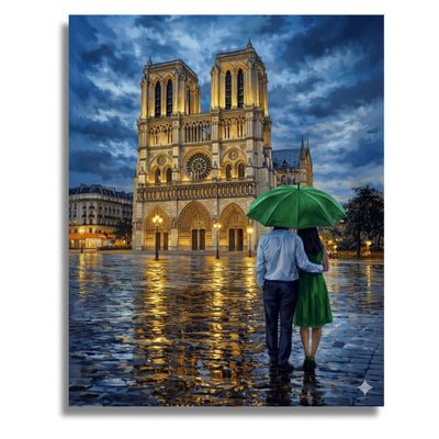 Couple with a green umbrella standing in front of Notre Dame Cathedral at night. Notre Dame Reflection - Paint by numbers