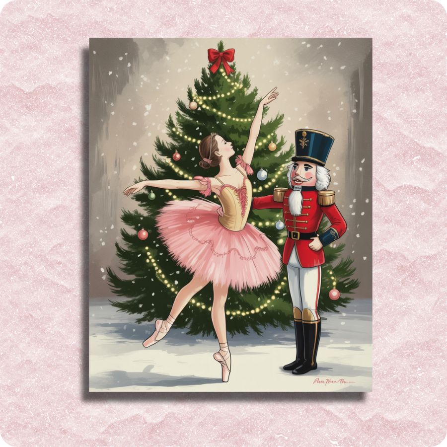Illustration of a ballerina and nutcracker in front of a Christmas tree on a pink textured background. Nutcracker and Ballerina - Paint by numbers