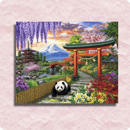 Panda bear in a scenic Japanese garden with Mount Fuji and cherry blossoms. Panda at Fuji - Paint by numbers