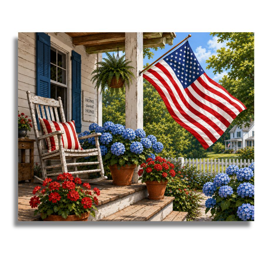 Front porch with rocking chair, American flag, and potted flowers on a sunny day. Patriotic Backyard Porch