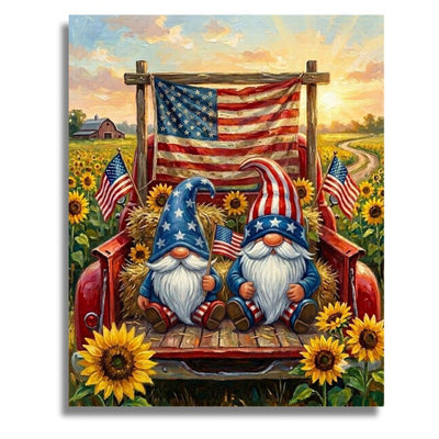 Two gnomes with American flags sitting on a red bench in a sunflower field with an American flag in the background. Patriotic Gnomes - Paint by numbers