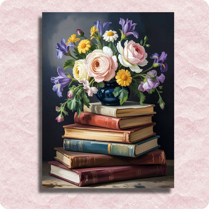 Petals of Wisdom - Paint by numbers - Stack of books with a vase of flowers on top against a dark background