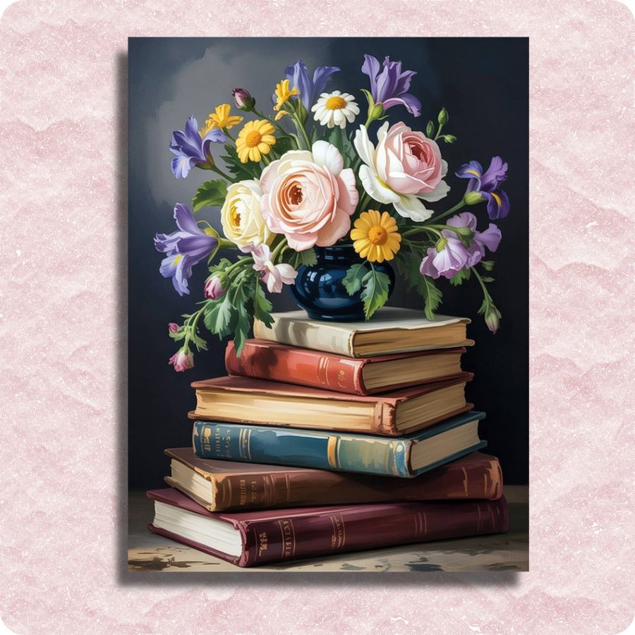 Petals of Wisdom - Paint by numbers - Stack of books with a vase of flowers on top against a dark background