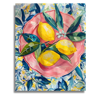 A colorful still life painting of three yellow lemons on a pink plate with green leaves, set against a floral background. Pink Lemon Bowl - Paint by numbers