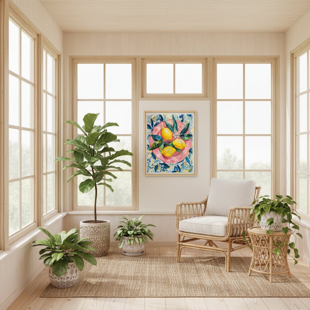A colorful framed art print depicting a fruit bowl with pink and yellow fruits, displayed on a light wood wall in a bright, modern sunroom with a rattan chair, potted plants, and large windows. Pink Lemon Bowl - Paint by numbers lifestyle