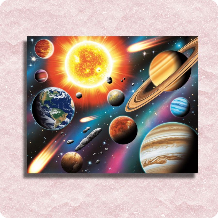 Illustration of the solar system with planets and stars on a pink textured background. Planets - Paint by numbers