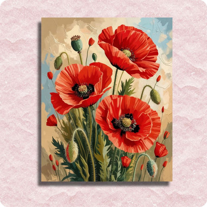Framed artwork of red poppies on a textured pink background. Poppy Flowers - Paint by numbers