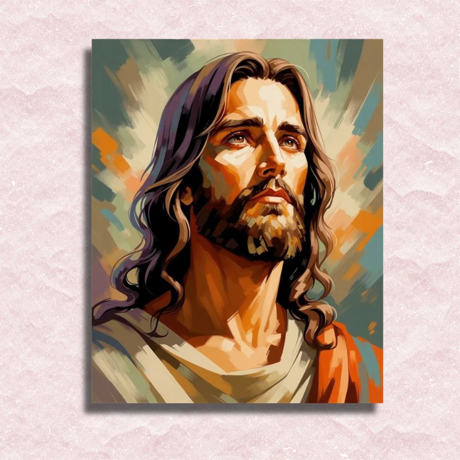 Colorful painting of a religious figure with long hair and beard on a textured light pink background. Portrait of Jesus - Paint by numbers