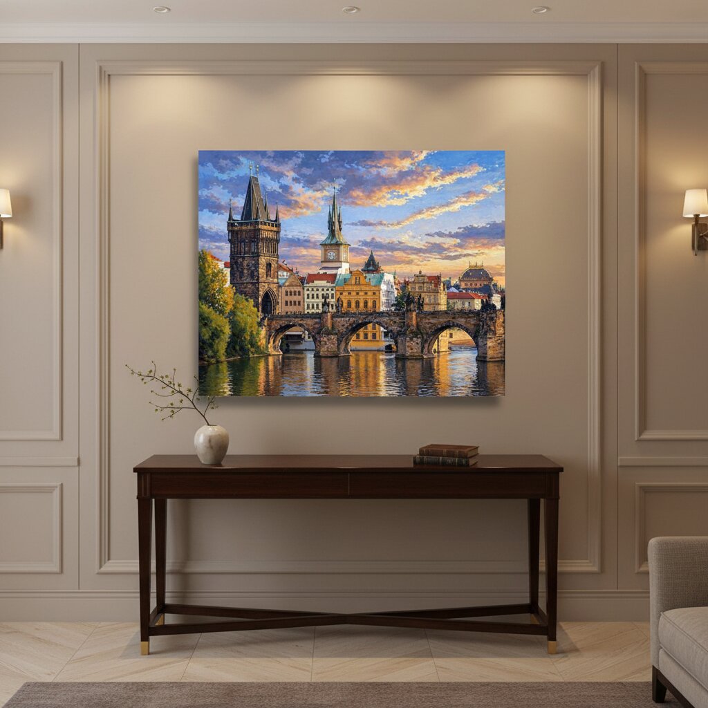 Framed artwork of a cityscape with a bridge on a wall in a room with a wooden table and chair.