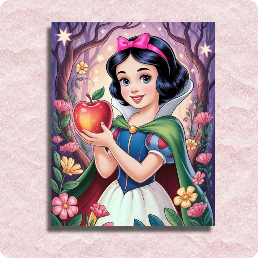 Illustration of Snow White holding an apple against a forest background. Princess Snow White - Paint by numbers