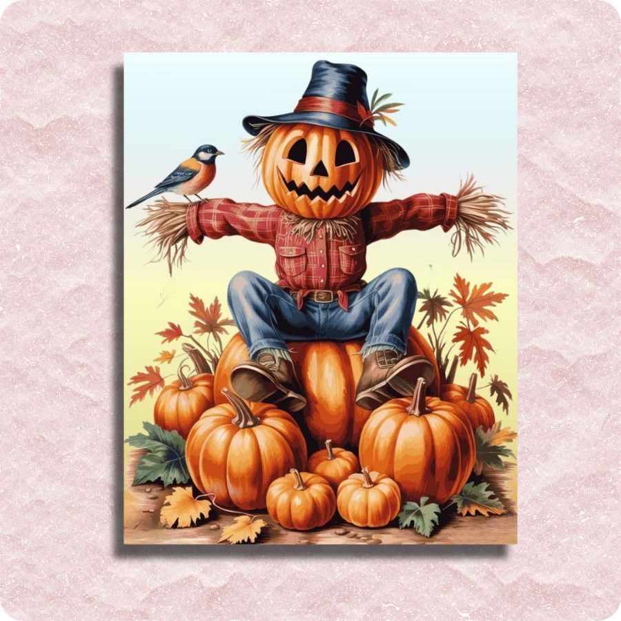 Scarecrow with a pumpkin head sitting on pumpkins, surrounded by autumn leaves and a bird on a light blue background. Pumpkin Scarecrow - Paint by numbers