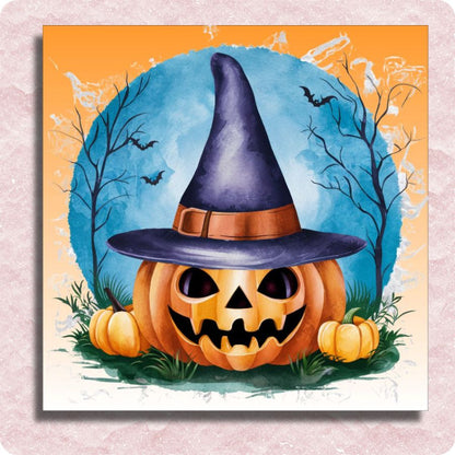 Pumpkin Witch Grin - Paint by numbers - Halloween-themed painting with a jack-o'-lantern wearing a purple witch hat against a blue moonlit sky.