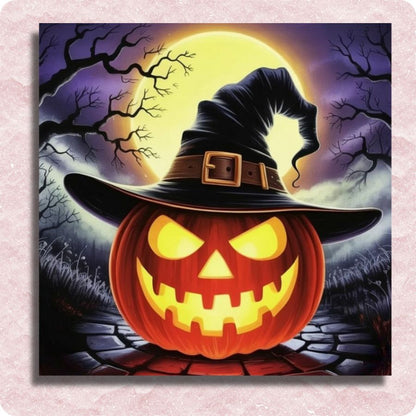 Halloween-themed artwork with a jack-o'-lantern wearing a witch hat against a moonlit sky. Pumpkin Witch Grin - Paint by numbers