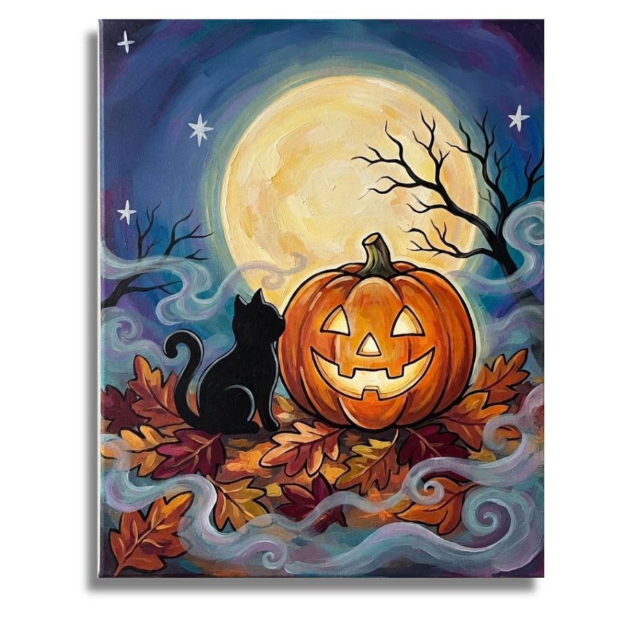 A square canvas art print depicting a Halloween night scene with a glowing orange jack-o'-lantern, a black cat, bare tree branches, swirling mist, and a large full moon against a dark blue sky. Pumpkin at night Canvas - Paint by numbers