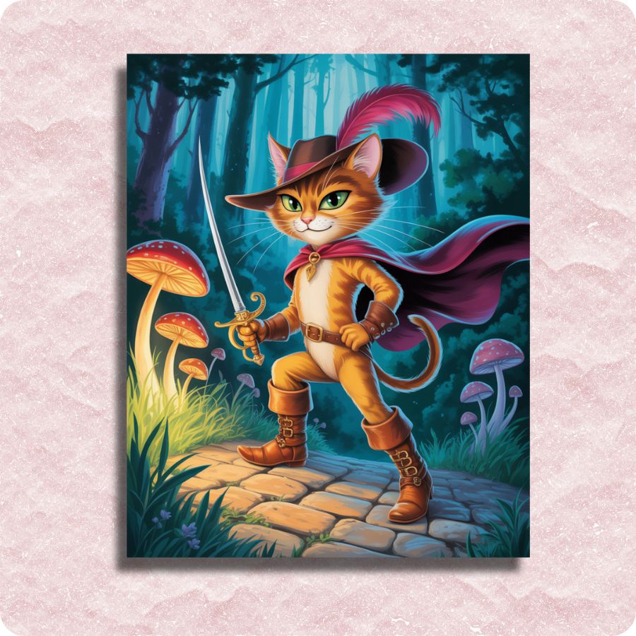 Illustration of a cat in a fantasy setting with a sword, cape, and boots in a forest. Puss in Boots - Paint by numbers