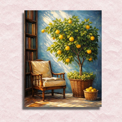 Painting of a lemon tree with a chair and basket on a textured wall. Quiet Lemon Corner - Paint by numbers