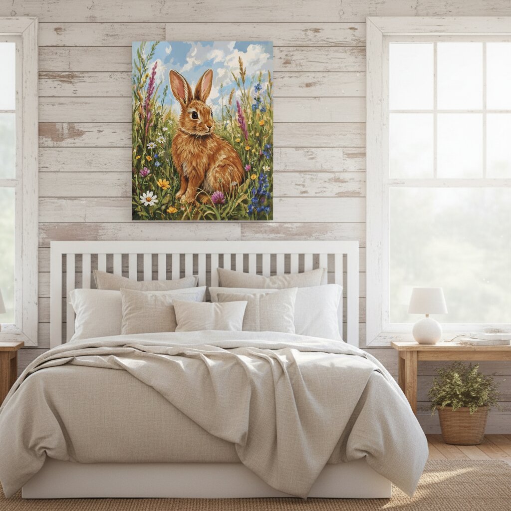 Bedroom with a painting of a rabbit on the wall