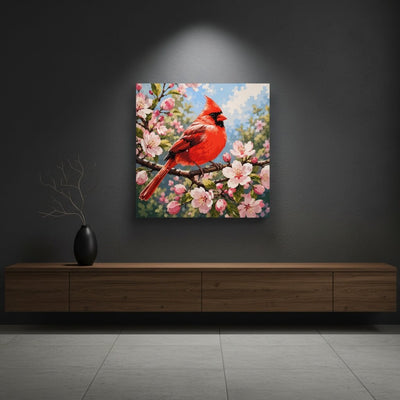 Canvas print of a red cardinal bird on a branch with pink flowers in a dark room.
