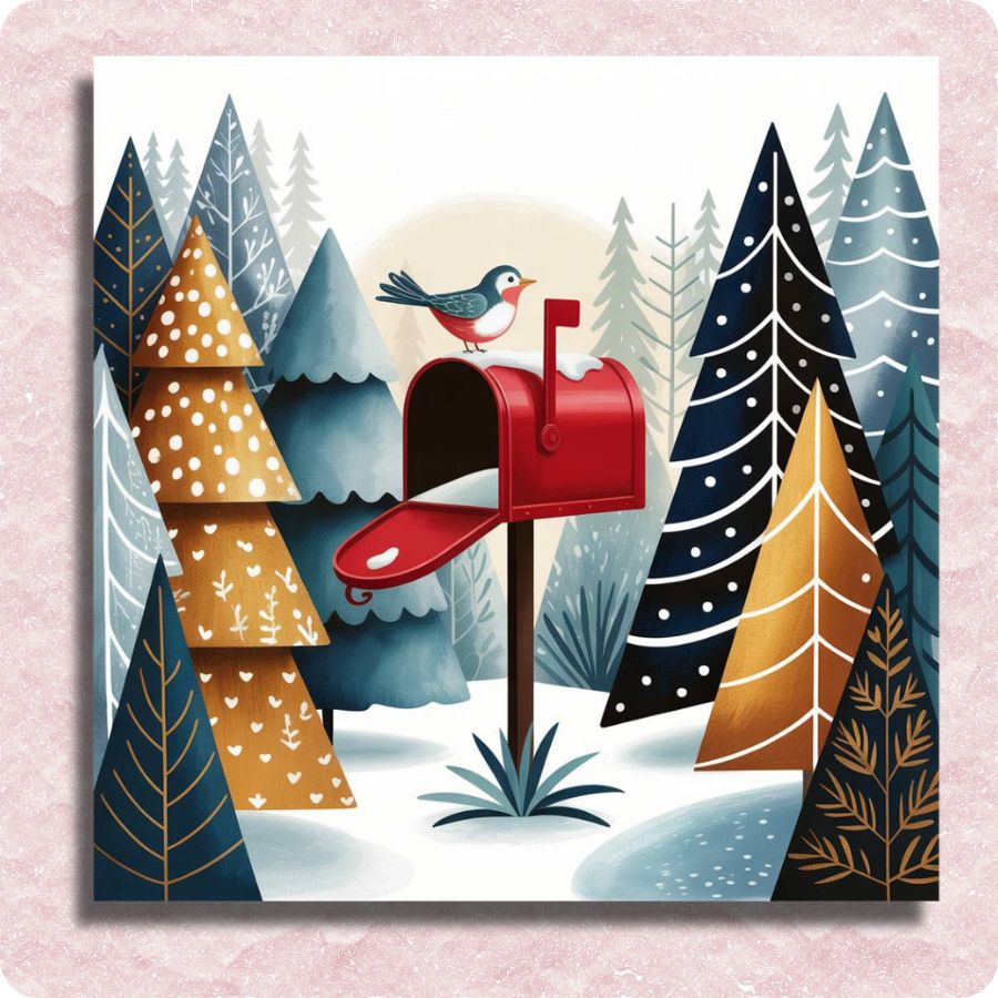 Illustration of a red mailbox with a bird on top, surrounded by stylized trees and mountains. Red Mailbox in Winter - Paint by numbers