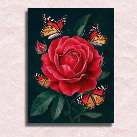 Red Rose Loved by Butterflies Canvas - Schilderij op nummer winkel