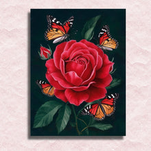 Laden Sie das Bild in den Galerie-Viewer, Red Rose Loved by Butterflies Canvas – Malen-nach-Zahlen-Shop