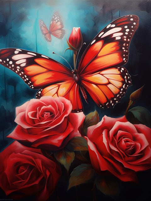 Red Rose Loved by Butterflies - Schilderen op nummer winkel