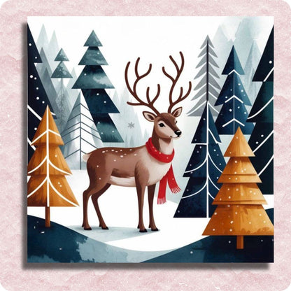 Illustration of a deer with antlers and a red scarf in a snowy forest with trees. Red Scarf Reindeer - Paint by numbers