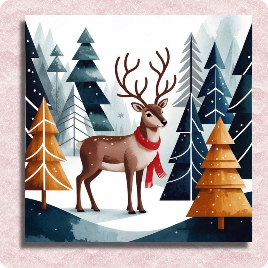 Illustration of a deer with antlers and a red scarf in a snowy forest with trees. Red Scarf Reindeer - Paint by numbers