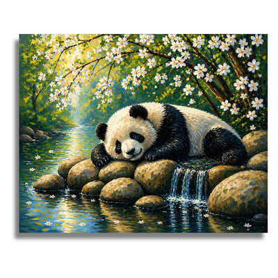Painting of a panda bear sitting on rocks by a water fountain with cherry blossoms in the background. Resting Panda in Blossom - Paint by numbers