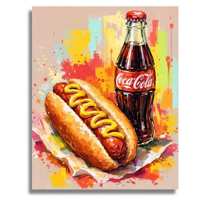 Hot dog with mustard and Coca-Cola bottle on a colorful abstract background. Retro Hot Dog Art - Paint by numbers