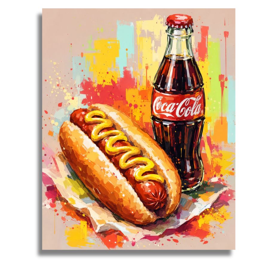 Hot dog with mustard and Coca-Cola bottle on a colorful abstract background. Retro Hot Dog Art - Paint by numbers