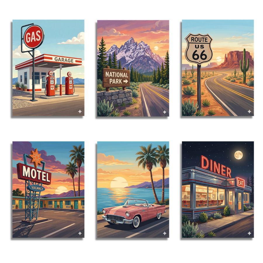 Set of six posters featuring Route 66-themed images including a gas station, national park sign, road sign, motel, car, and diner. Retro Road Trip 6 Pack Paint by Numbers