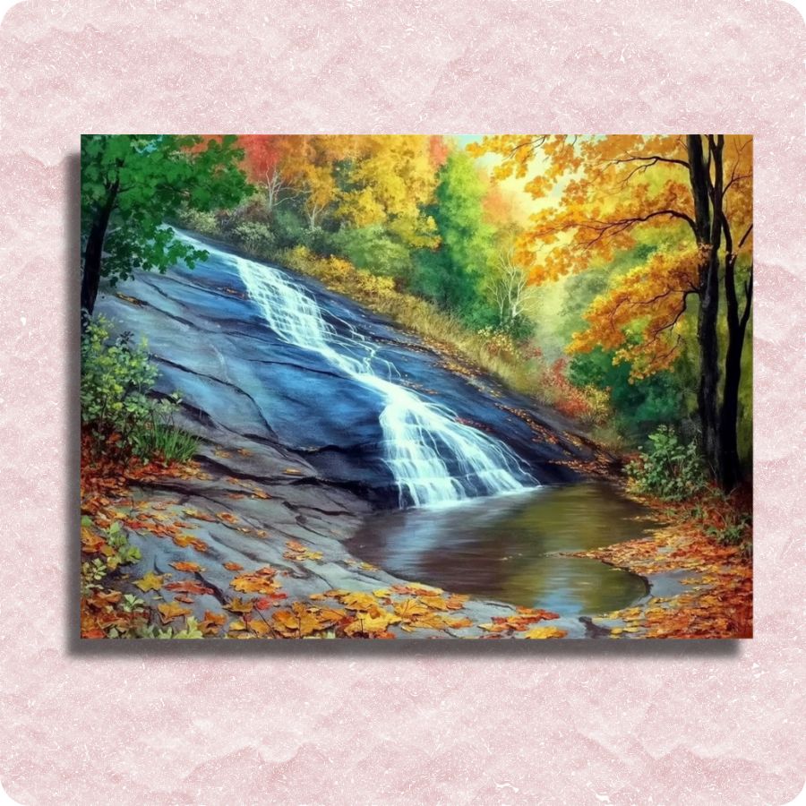 Painting of a waterfall in a forest with autumn colors on a pink textured background. Rocky Stream - Paint by numbers