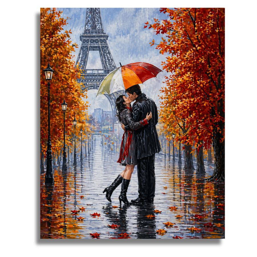 Couple under a colorful umbrella in front of the Eiffel Tower with autumn trees. Romantic Paris - Paint by numbers