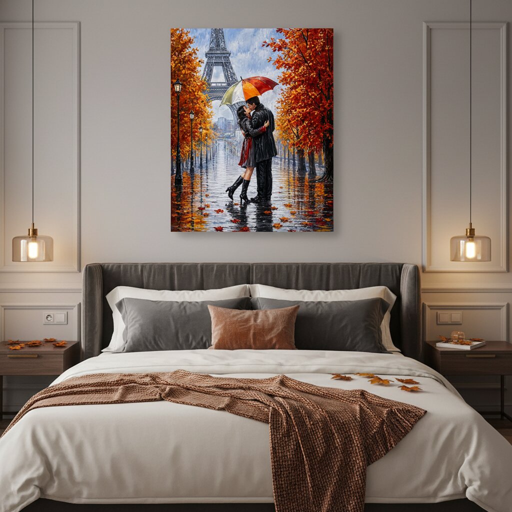 Bedroom with a painting of a couple under an umbrella in an autumn setting above the bed.
