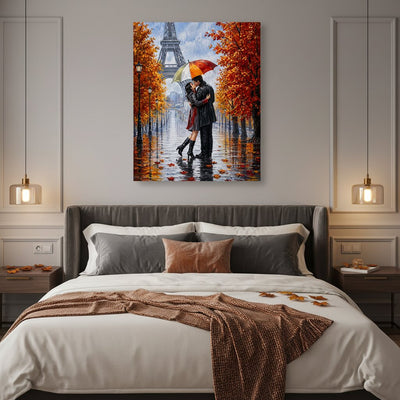 Bedroom with a painting of a couple under an umbrella in an autumn setting above the bed.