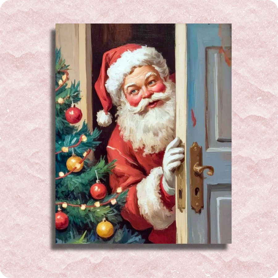 Vintage-style painting of Santa Claus peeking through a door with a Christmas tree. Santa at the Door - Paint by numbers