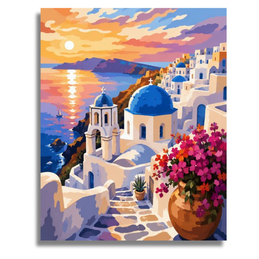 Painting of a Greek-style building with a blue dome and pink flowers, set against a sunset sky. Santorini Paint by Numbers
