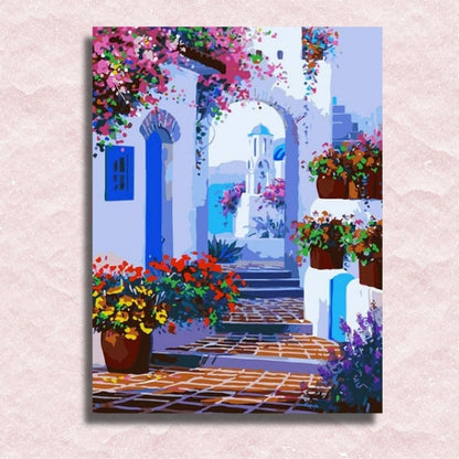 Leinwand „Straße voller Blumen auf Santorini“ – Malen-nach-Zahlen-Shop
