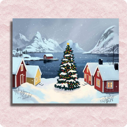 Winter scene with a decorated Christmas tree, snow-covered houses, and mountains. Scandinavian Peaceful Village - Paint by numbers