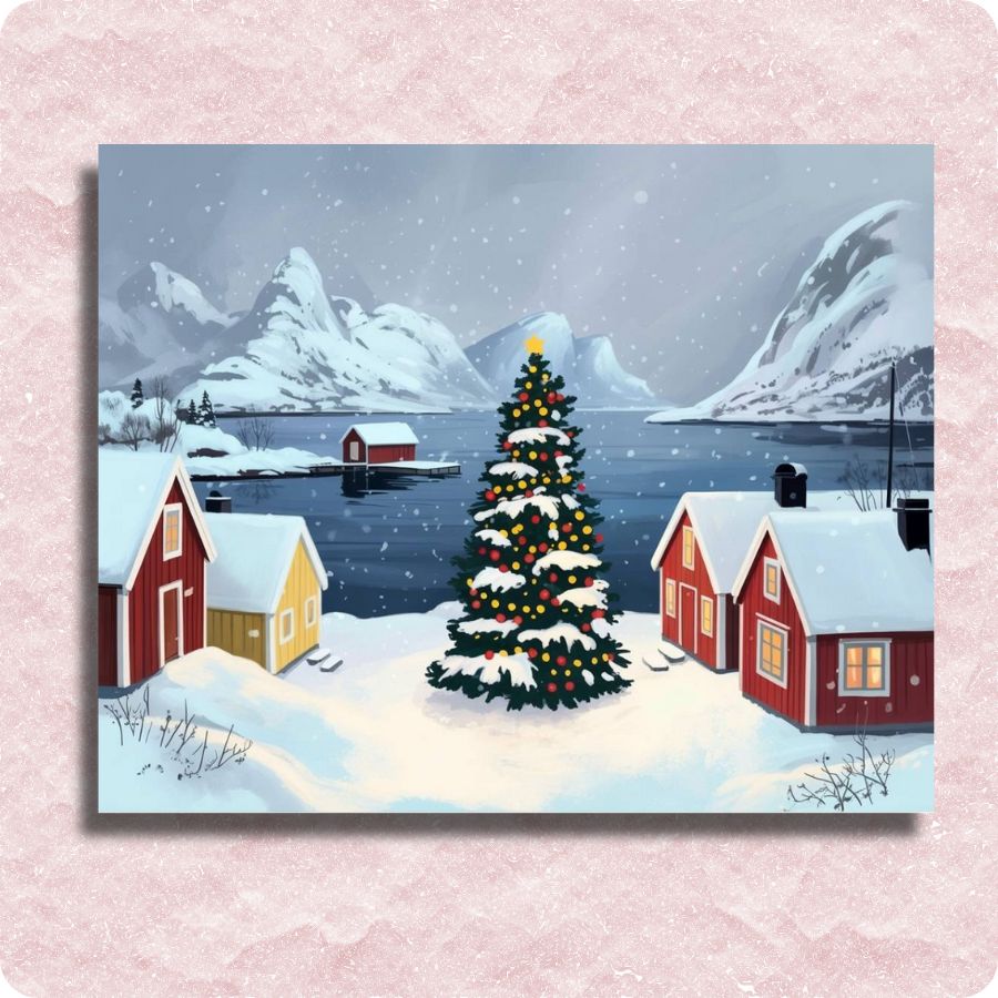Winter scene with a decorated Christmas tree, snow-covered houses, and mountains. Scandinavian Peaceful Village - Paint by numbers