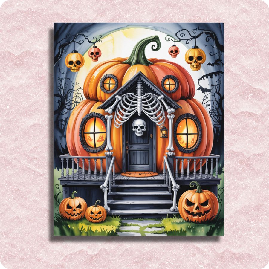 Halloween-themed pumpkin house with skeleton details on a pink textured background. Scary House - Paint by numbers