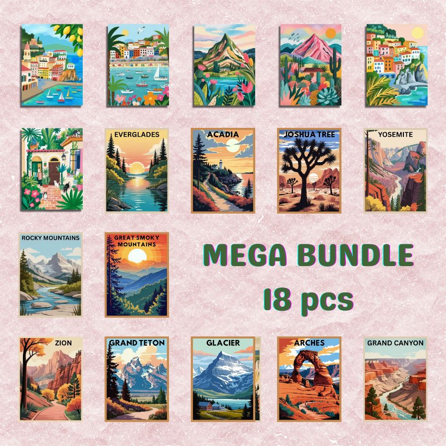 Collection of 18 scenic posters with various national parks on a pink background, labeled 'Mega Bundle' - Paint by numbers