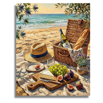 Picnic basket with food and wine on a beach. Seaside Picnic - Paint by numbers