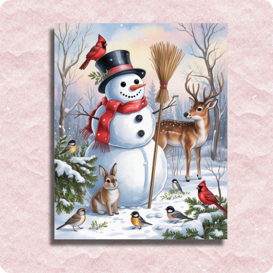 Winter scene with a snowman, deer, and birds on a pink textured background. Snowman and Friends - Paint by numbers