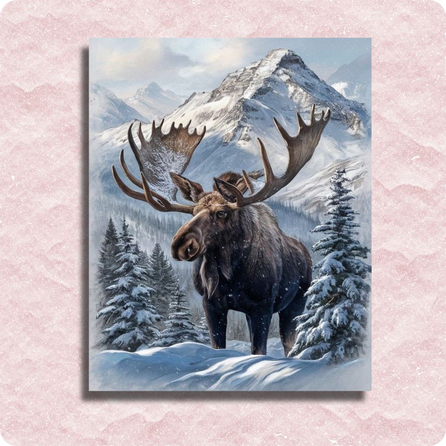 Painting of a moose in a snowy mountain landscape. Snowy Moose - Paint by numbers